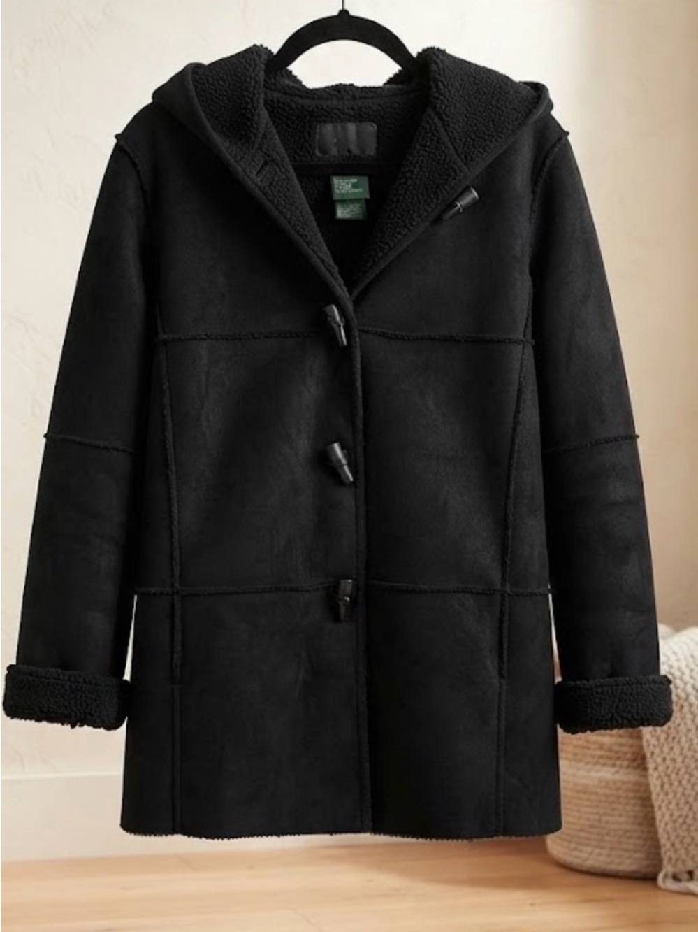 Black Hooded Faux Shearling Toggle Coat - Women